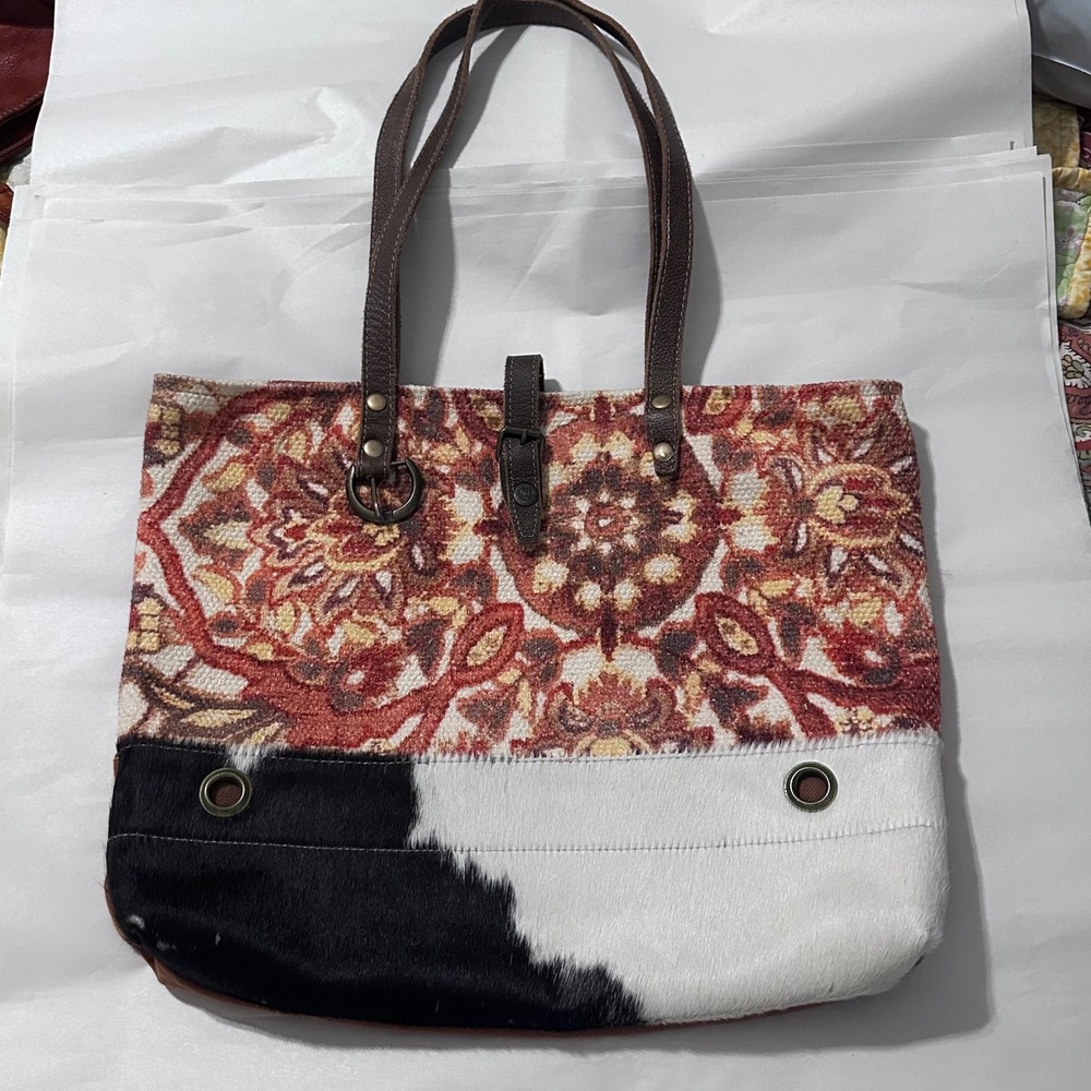 Myra Bag Cowhide Canvas Tote Shoulder Bag Leather Handles Boho Chic Purse